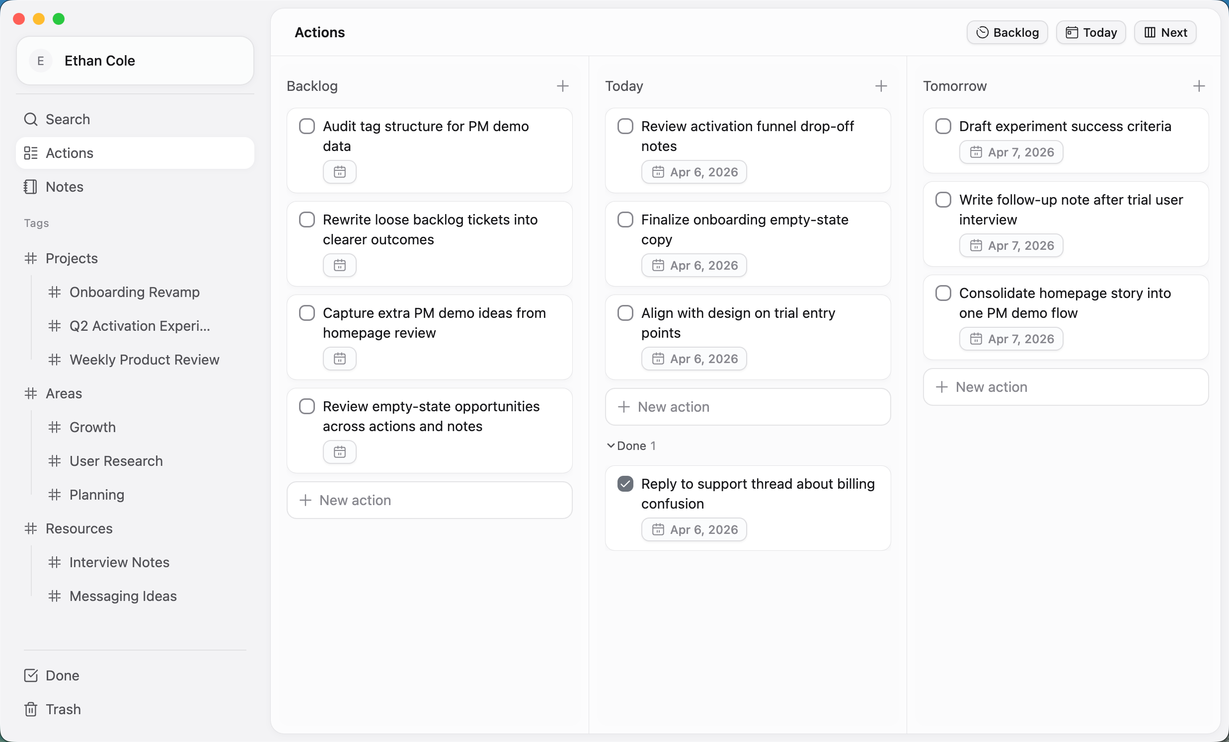 ActionDrivenNote workflow screenshot showing action management.