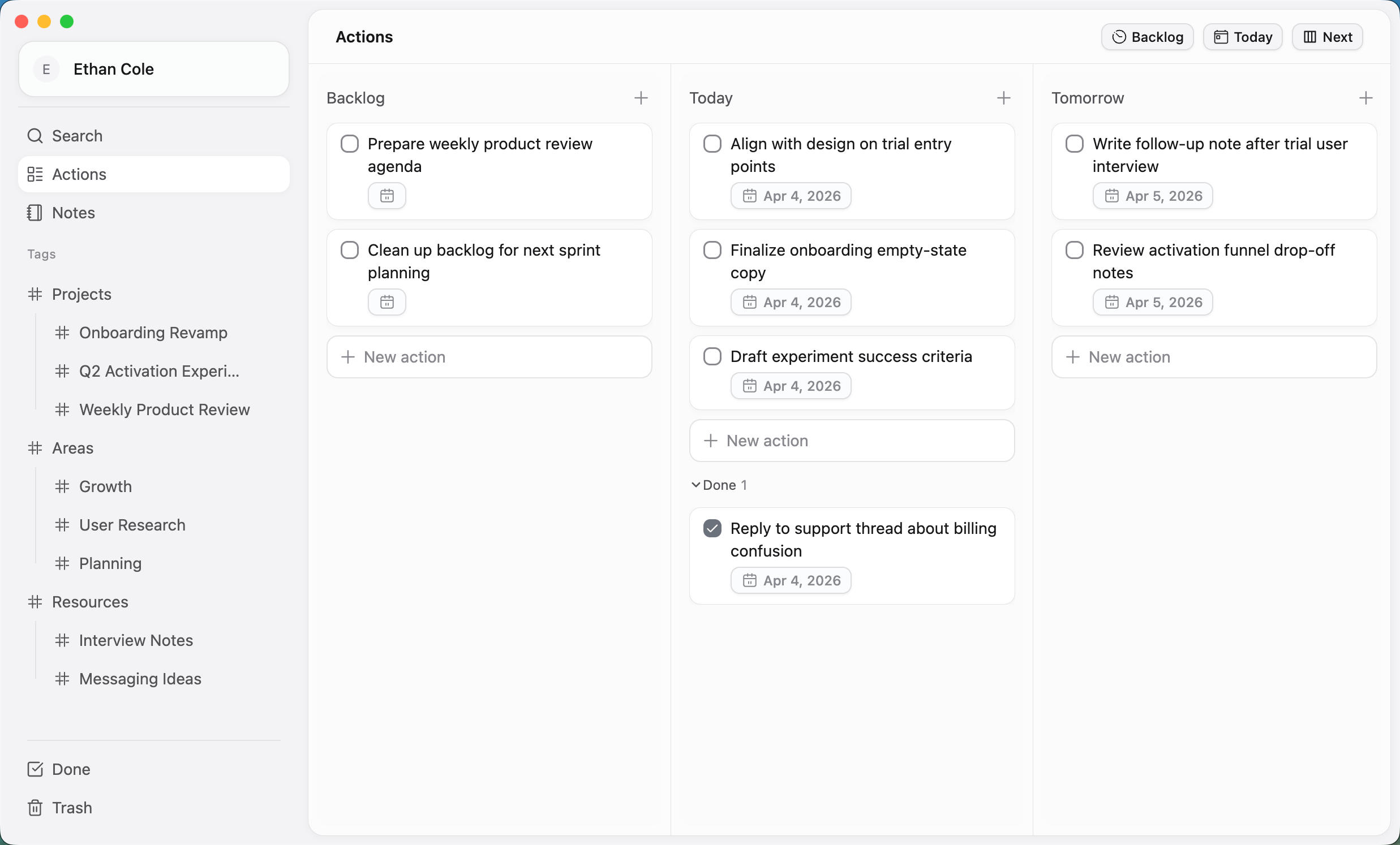 ActionDrivenNote workflow screenshot showing action management.