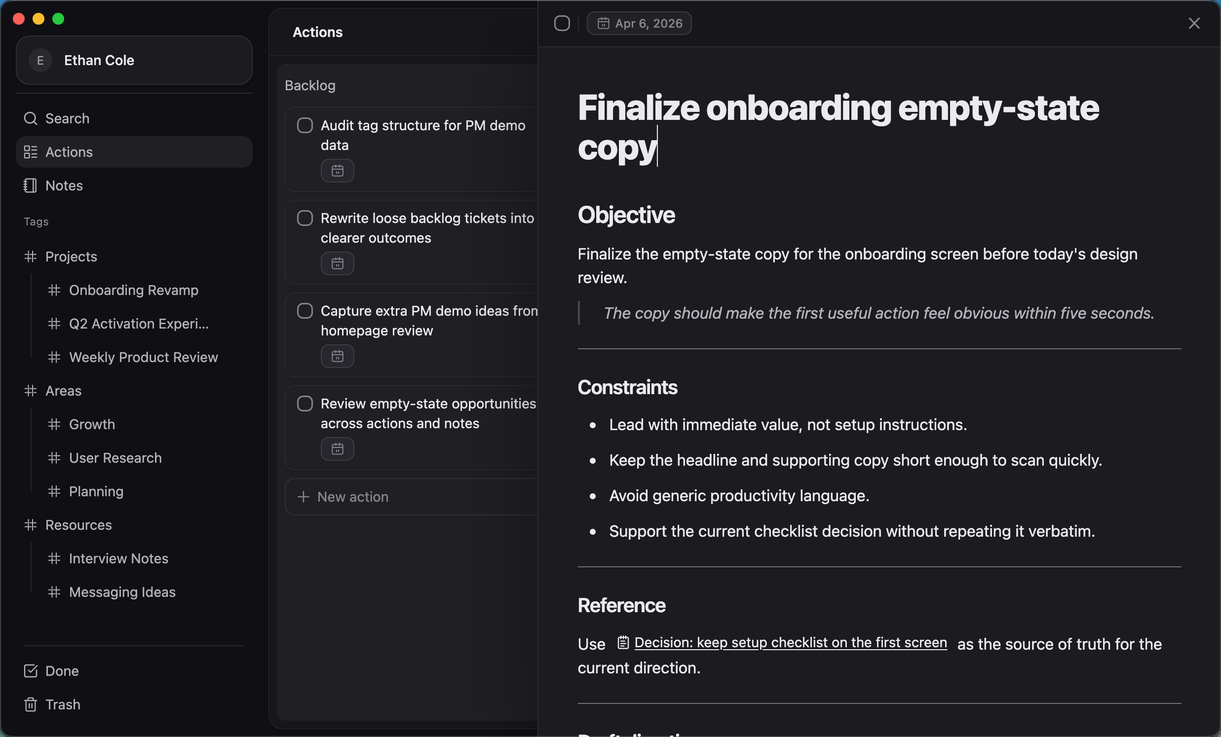 ActionDrivenNote workflow screenshot showing notes captured during work.