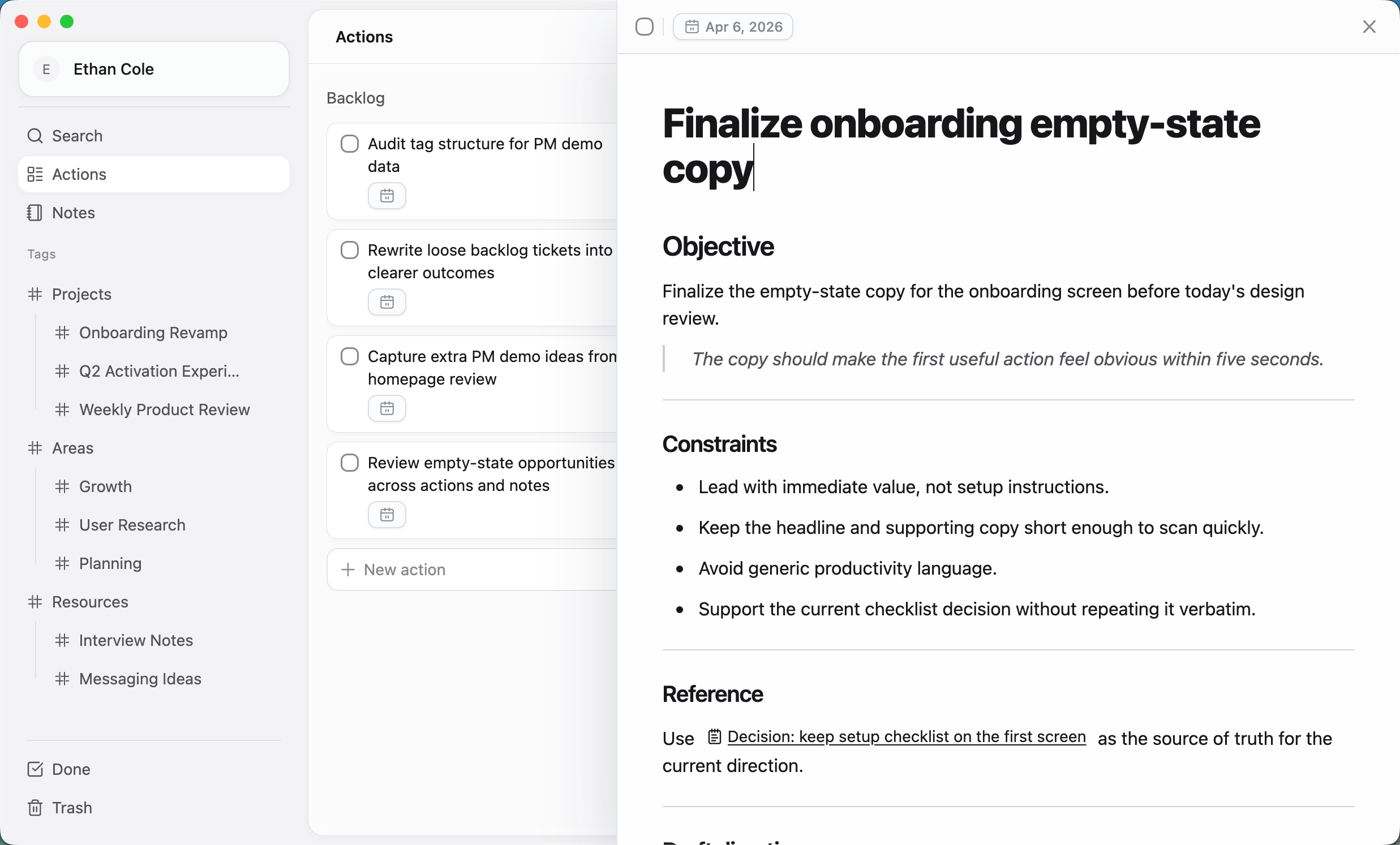 ActionDrivenNote workflow screenshot showing notes captured during work.