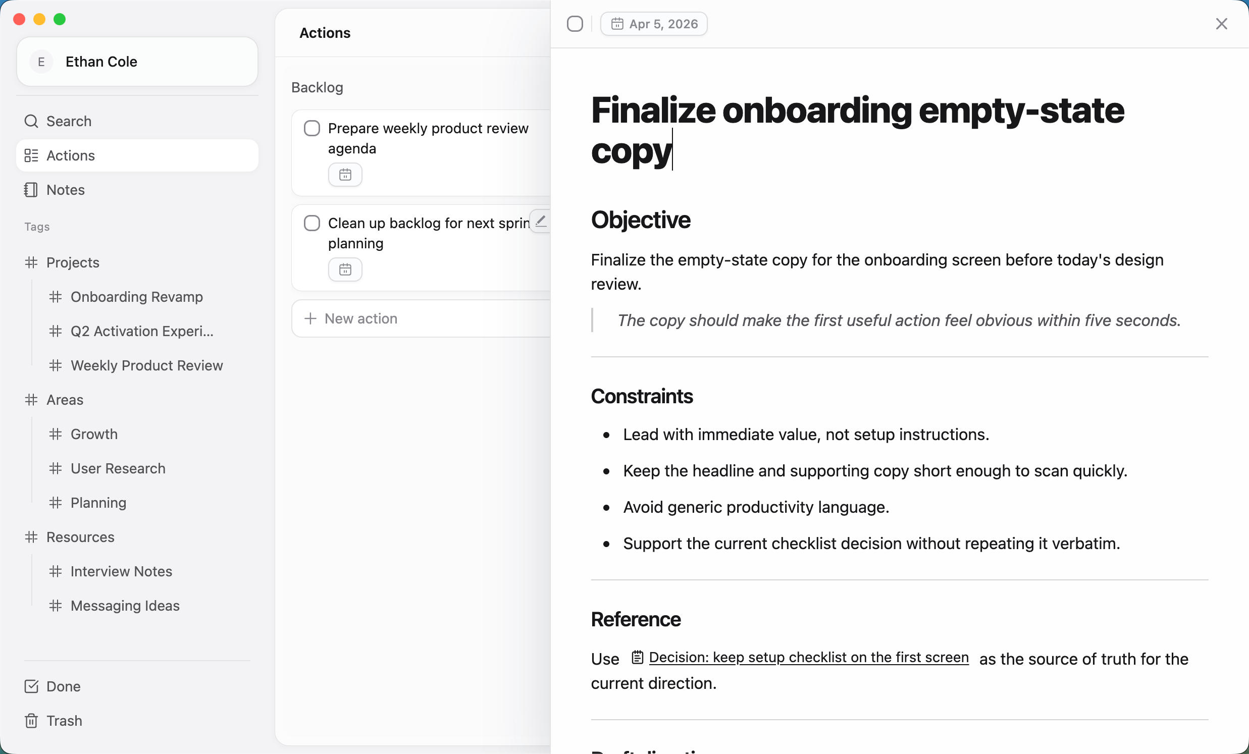 ActionDrivenNote workflow screenshot showing notes captured during work.