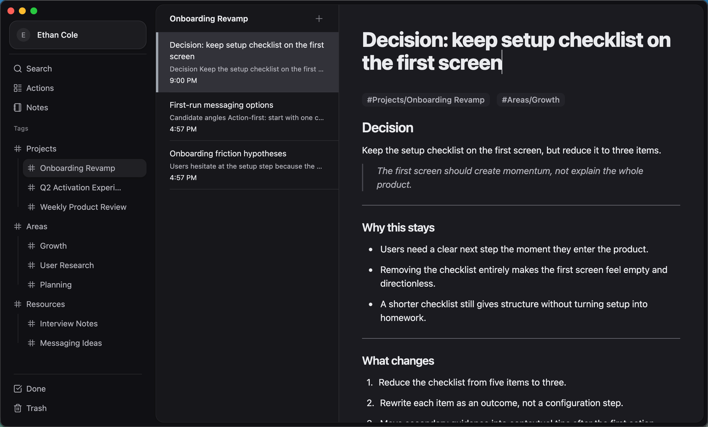 ActionDrivenNote workflow screenshot showing saved notes and preserved context.