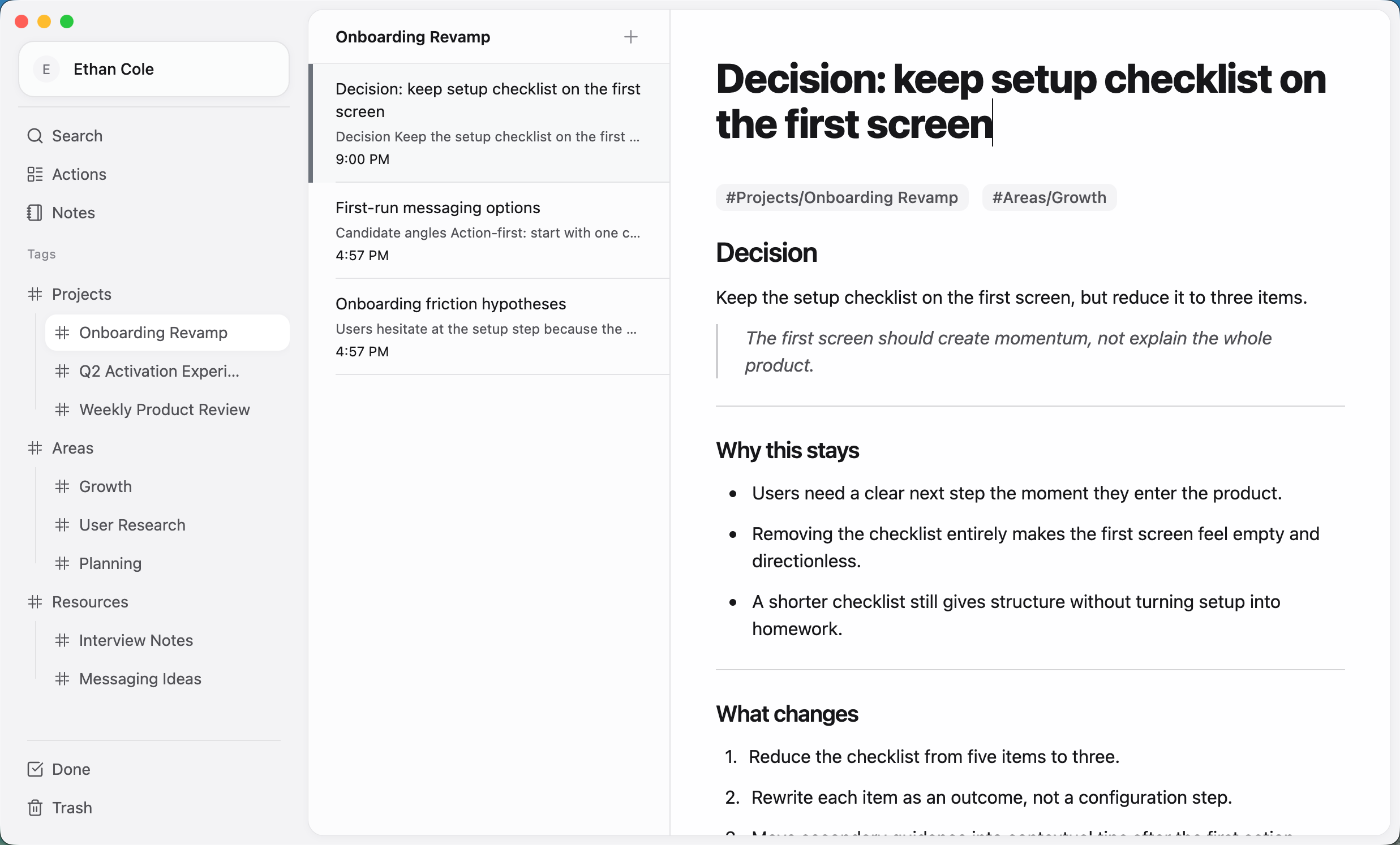 ActionDrivenNote workflow screenshot showing saved notes and preserved context.