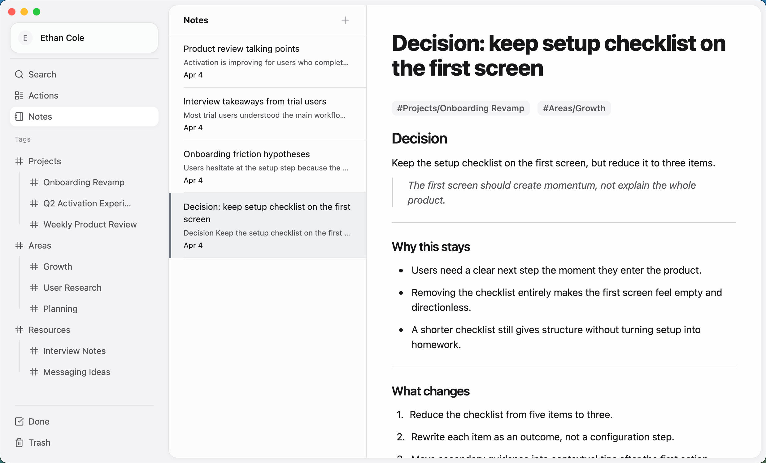 ActionDrivenNote workflow screenshot showing saved notes and preserved context.